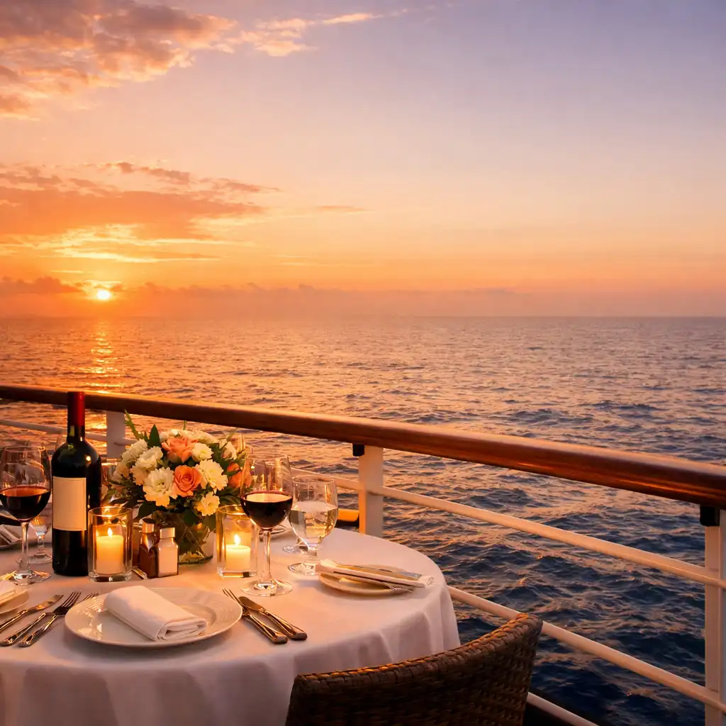 Sunset ocean view from a cruise ship deck with an elegant dining table set for dinner