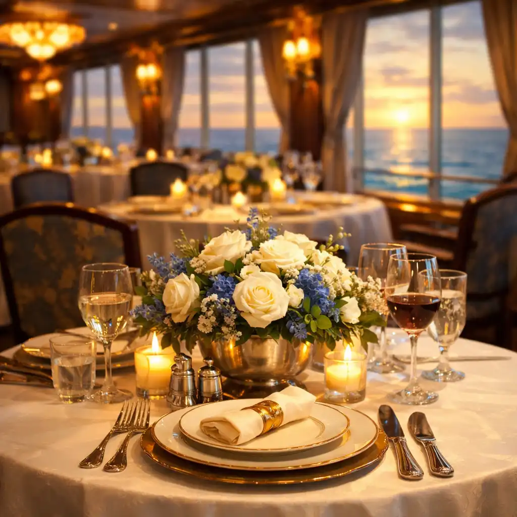 Elegant cruise ship dining room with tables set for dinner and large sea-view windows