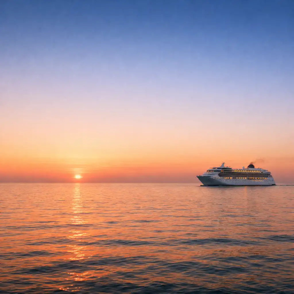 Calm ocean at sunset with a cruise ship in the distance, warm peach and orange tones reflecting on the water