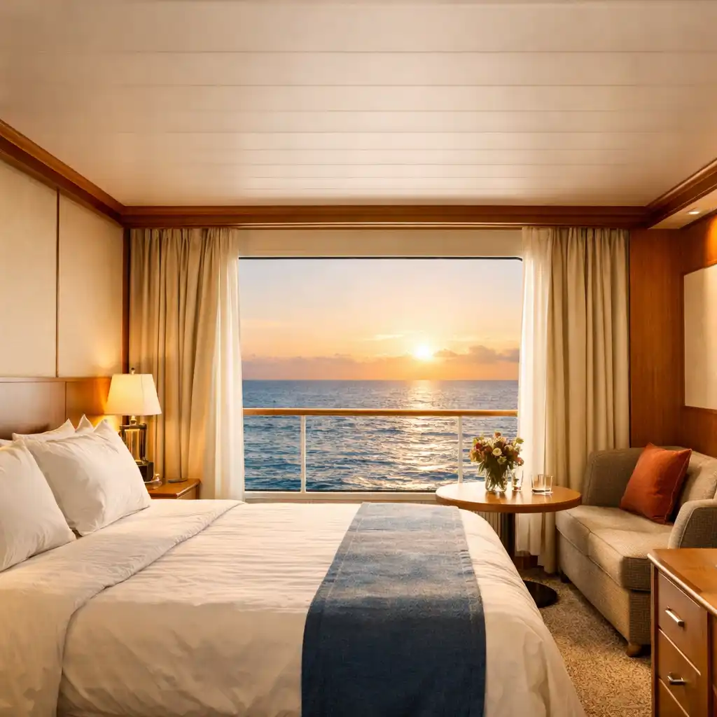 Bright modern cruise ship cabin with a large ocean-view window, crisp white bed linen and warm wooden accents