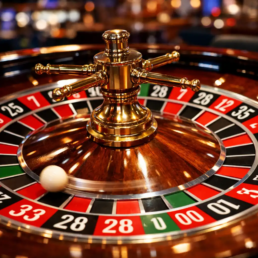 Close-up of a roulette wheel with the ball in motion on a cruise ship table