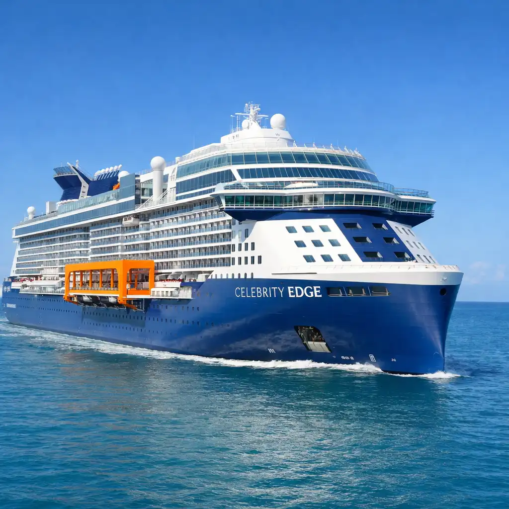 Celebrity Edge cruise ship showing the Magic Carpet platform on its side