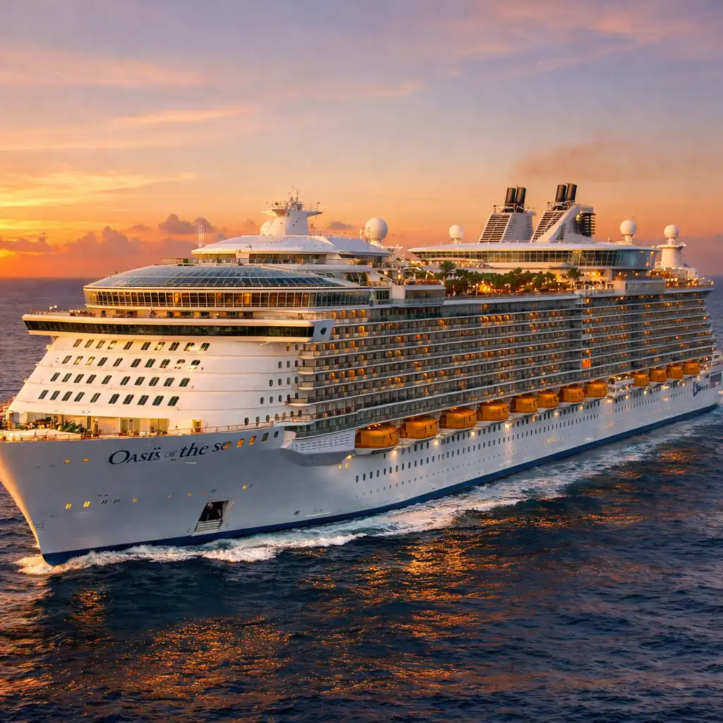 Oasis of the Seas cruise ship showing its massive size and multiple decks at golden hour
