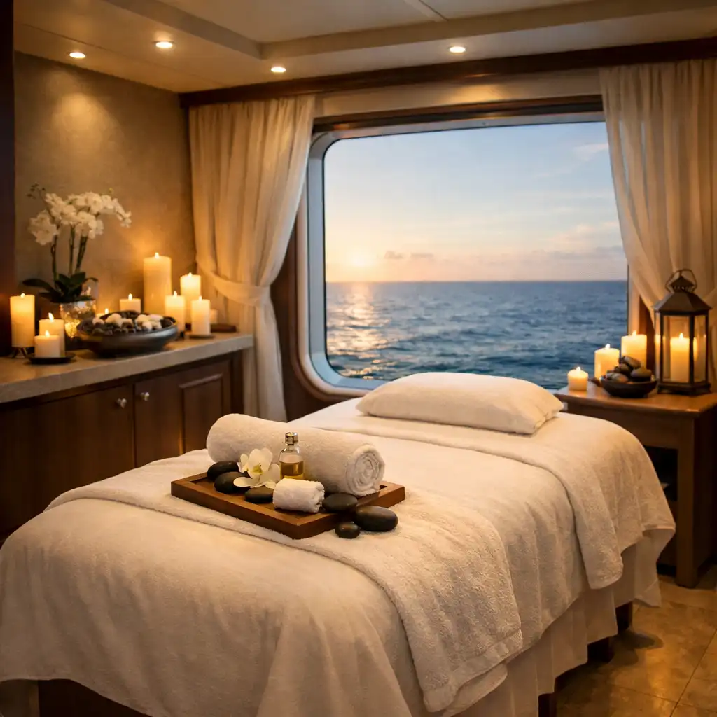 Elegant cruise ship spa interior with a treatment bed, soft lighting, and an ocean view through a large window